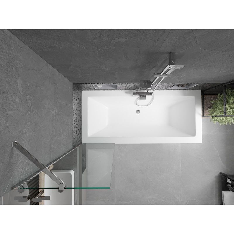 Rektangulært badekar Mexen Cube 180 x 80 cm med frontpanel og 1-fløjet brusevæg 50 cm i transparent krom, 1 sæt