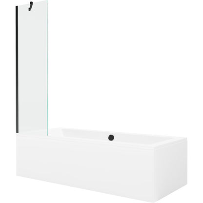 Rektangulært badekar Mexen Cube 180 x 80 cm med front- og sidepanel samt 1-fløjet brusevæg 50 cm i transparent sort
