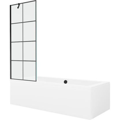 Rektangulært badekar Mexen Cube 180 x 80 cm med frontpanel og 1-fløjet brusevæg 70 cm i sort mønster, 1 sæt