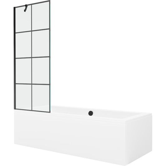 Rektangulært badekar Mexen Cube 180 x 80 cm med frontpanel og 1-fløjet brusevæg 70 cm i sort mønster, 1 sæt