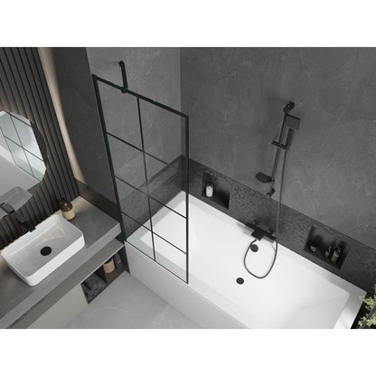Rektangulært badekar Mexen Cube 180 x 80 cm med frontpanel og 1-fløjet brusevæg 70 cm i sort mønster, 1 sæt