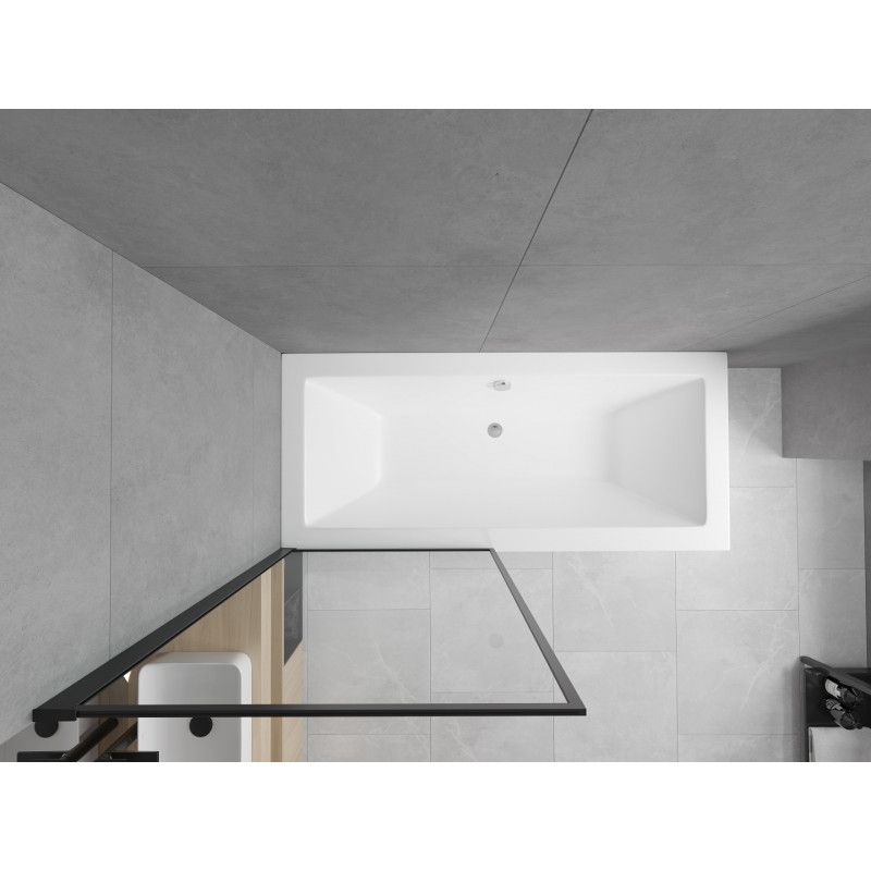 Rektangulært badekar Mexen Cube 180 x 80 cm med front- og sidepanel samt 1-fløjet 70 cm sort mønstret brusevæg