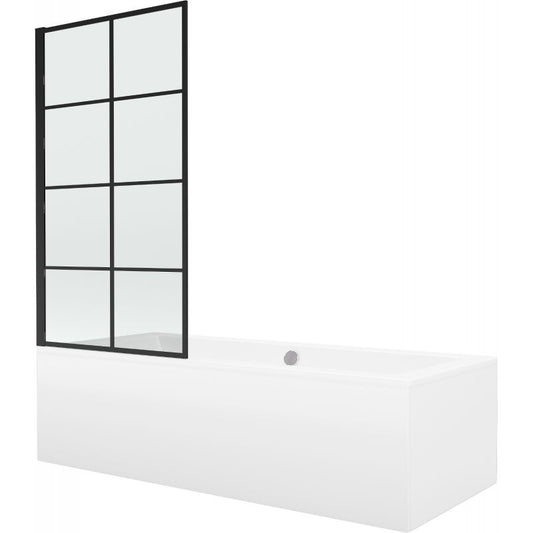 Rektangulært badekar Mexen Cube 180 x 80 cm med frontpanel og 1-fløjet brusevæg 70 cm i mat-sort design, komplet sæt