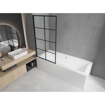 Rektangulært badekar Mexen Cube 180 x 80 cm med frontpanel og 1-fløjet brusevæg 70 cm i mat-sort design, komplet sæt