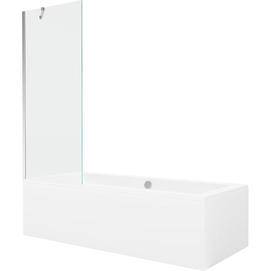 Rektangulært badekar Mexen Cube 180 x 80 cm med front- og sidepanel samt 1-fløjet brusevæg 70 cm i transparent krom, 1 sæt
