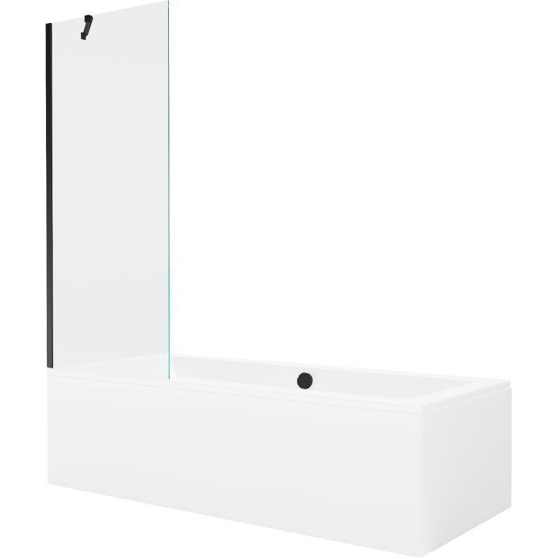 Rektangulært badekar Mexen Cube 180 x 80 cm med front- og sidepanel samt 1-fløjet brusevæg 70 cm transparent sort 1 sæt
