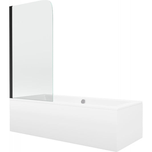 Rektangulært badekar Mexen Cube 180 x 80 cm med front- og sidepanel samt 1-fløjet brusevæg 70 cm i transparent sort, komplet sæt