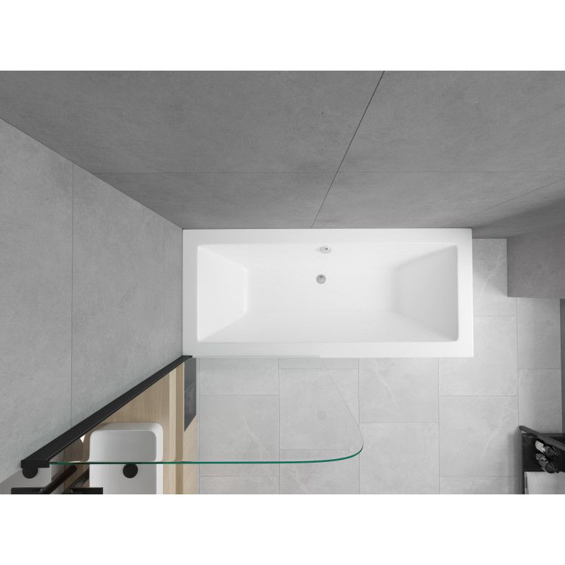 Rektangulært badekar Mexen Cube 180 x 80 cm med front- og sidepanel samt 1-fløjet brusevæg 70 cm i transparent sort, komplet sæt