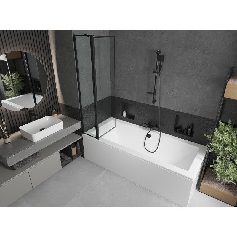 Rektangulært badekar Mexen Cube 180 x 80 cm med front- og sidepanel samt 1-fløjet brusevæg 80 cm i mat-sort mønster, komplet sæt