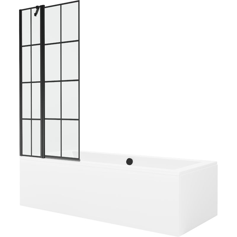 Rektangulært badekar Mexen Cube 180 x 80 cm med front- og sidebeklædning samt 1-fløjet brusevæg 80 cm med sort mønster, 1 sæt