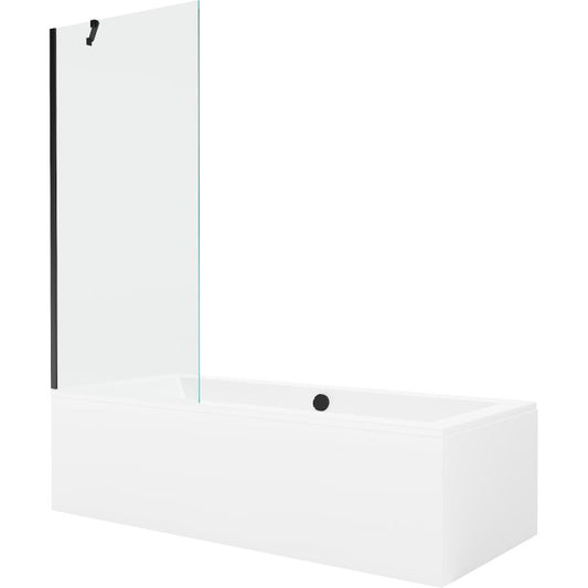 Rektangulært badekar Mexen Cube 180 x 80 cm med frontpanel og 1-fløjet brusevæg 80 cm transparent sort 1 sæt