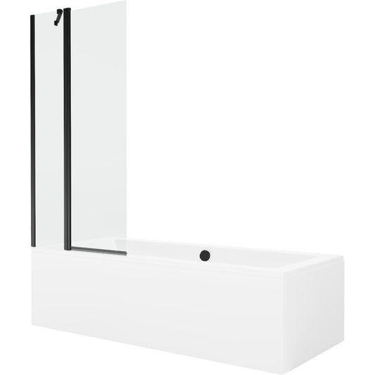 Rektangulært badekar Mexen Cube 180 x 80 cm med front- og sidepanel samt 1-fløjet brusevæg 80 cm i transparent sort, 1 sæt