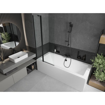 Rektangulært badekar Mexen Cube 180 x 80 cm med front- og sidepanel samt 1-fløjet brusevæg 80 cm i transparent sort, 1 sæt