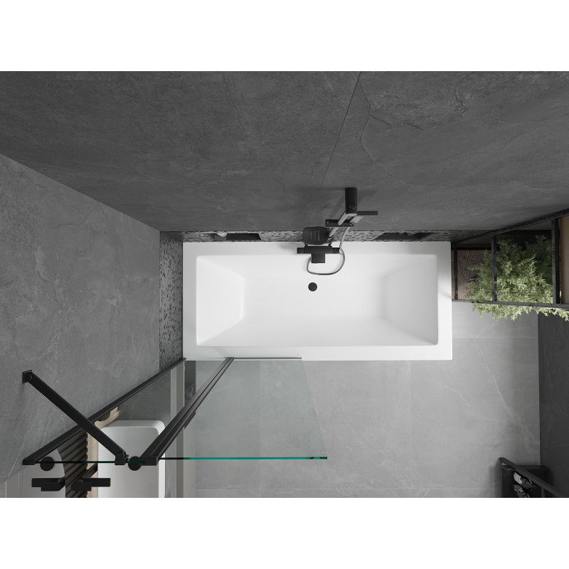 Rektangulært badekar Mexen Cube 180 x 80 cm med front- og sidepanel samt 1-fløjet brusevæg 80 cm i transparent sort, 1 sæt