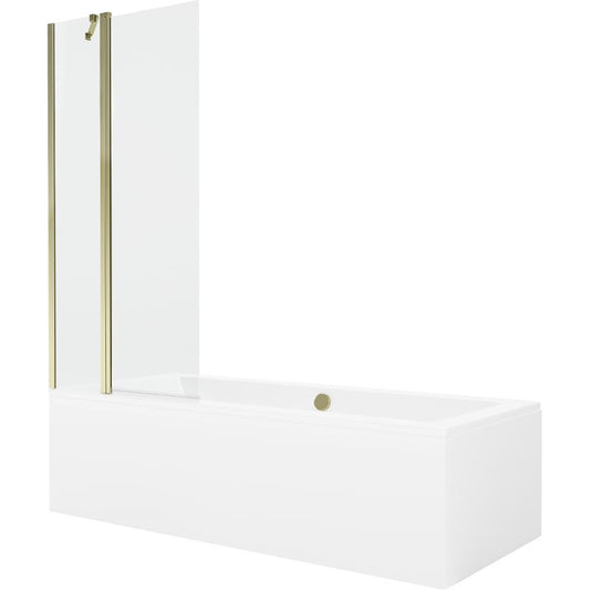 Rektangulært badekar Mexen Cube 180 x 80 cm med front- og sidepanel samt 1-fløjet brusevæg 80 cm transparent med guldfinish, 1 sæt