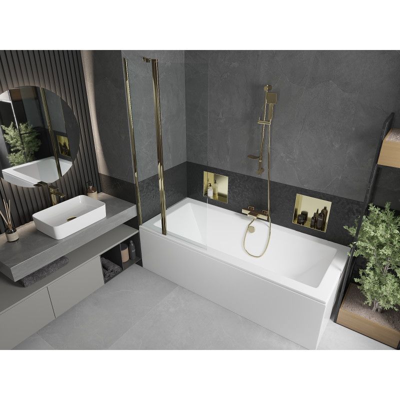 Rektangulært badekar Mexen Cube 180 x 80 cm med front- og sidepanel samt 1-fløjet brusevæg 80 cm transparent med guldfinish, 1 sæt