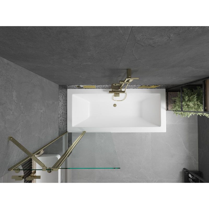 Rektangulært badekar Mexen Cube 180 x 80 cm med front- og sidepanel samt 1-fløjet brusevæg 80 cm transparent med guldfinish, 1 sæt
