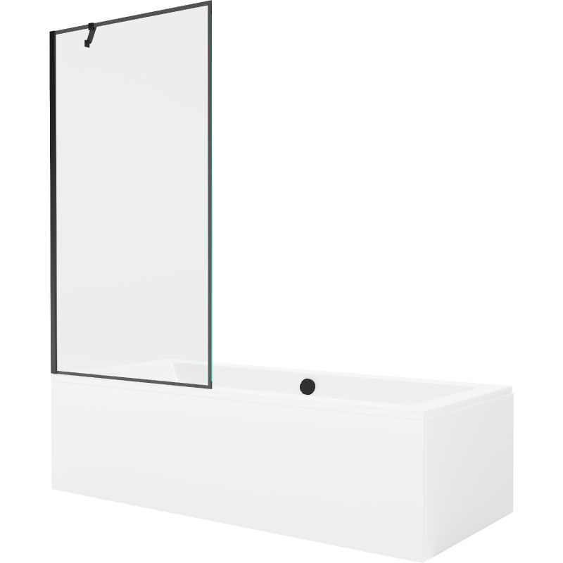 Rektangulært badekar Mexen Cube 180 x 80 cm med front- og sidepanel samt 1-fløjet brusevæg 90 cm med mat-sort mønster, 1 sæt