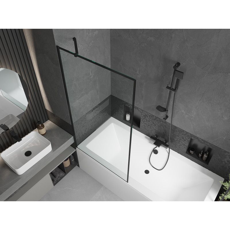 Rektangulært badekar Mexen Cube 180 x 80 cm med front- og sidepanel samt 1-fløjet brusevæg 90 cm med mat-sort mønster, 1 sæt