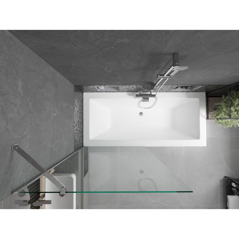 Rektangulært badekar Mexen Cube 180 x 80 cm med frontpanel og 1-fløjet brusevæg 90 cm transparent krom 1 sæt