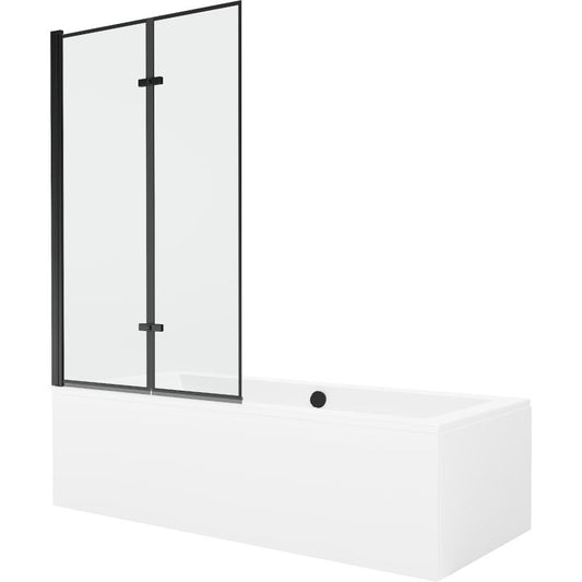 Rektangulært badekar Mexen Cube 180 x 80 cm med front- og sidebeklædning samt 2-fløjet brusevæg 100 cm med mat-sort mønster, 1 sæt