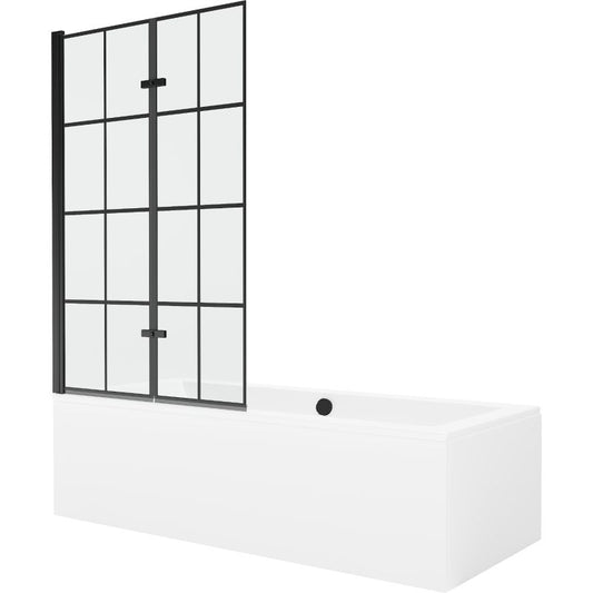 Rektangulært badekar Mexen Cube 180 x 80 cm med front- og sidepanel samt 2-fløjet brusevæg 100 cm i sort mønster, 1 sæt