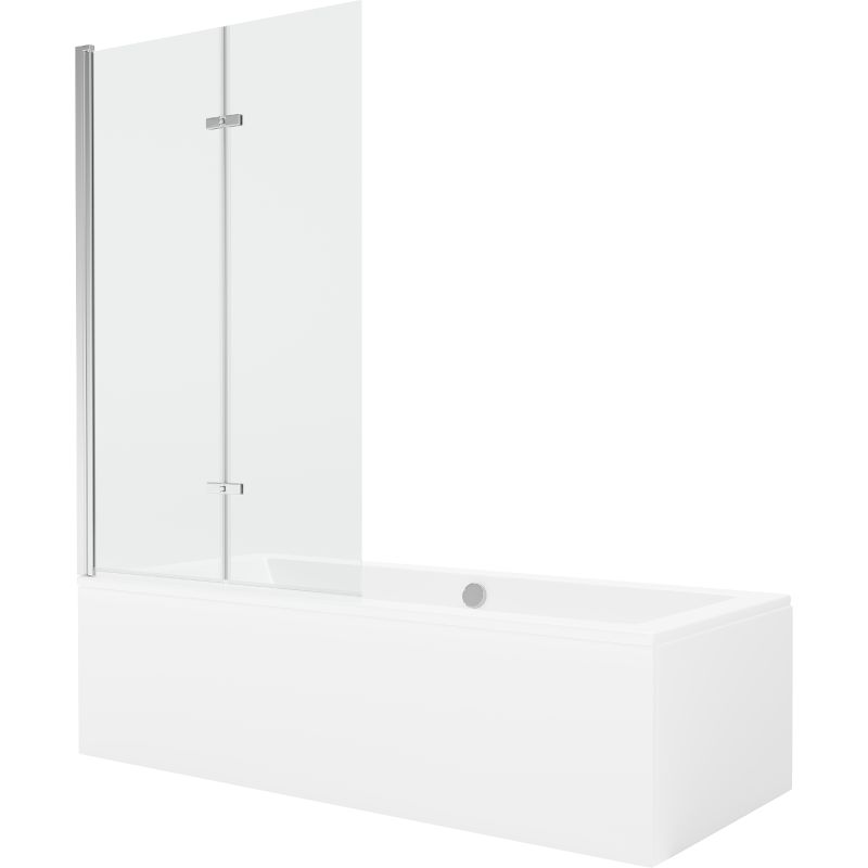 Rektangulært badekar Mexen Cube 180 x 80 cm med front- og sidebeklædning samt 2-fløjet brusevæg 100 cm i transparent krom, 1 sæt