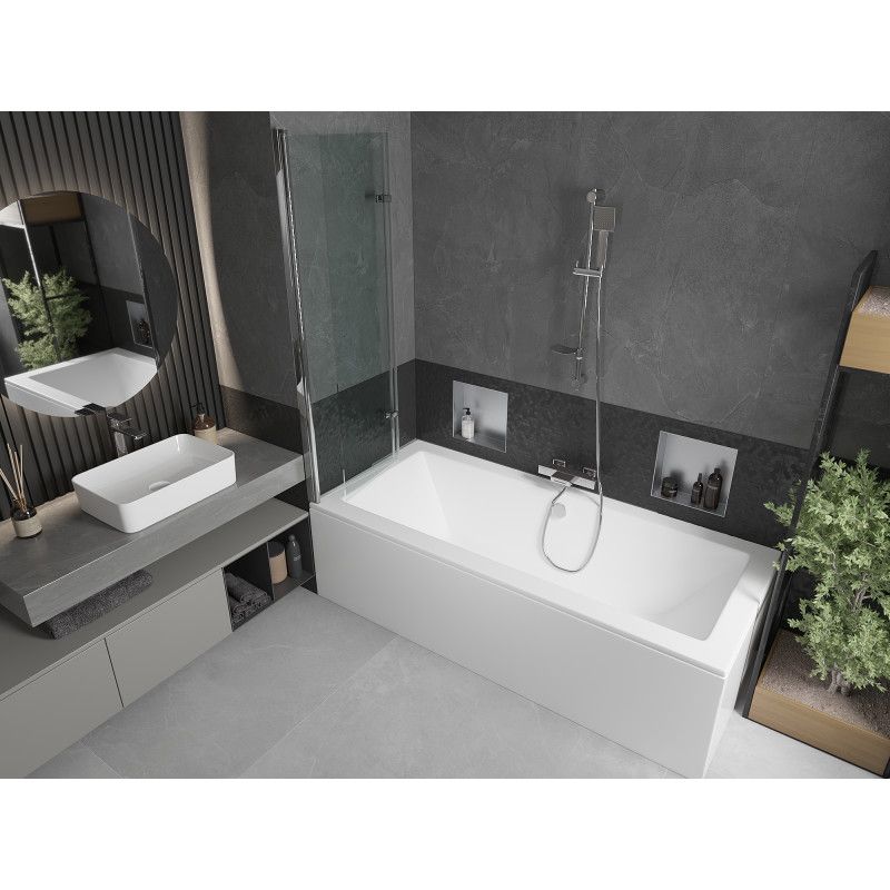 Rektangulært badekar Mexen Cube 180 x 80 cm med front- og sidebeklædning samt 2-fløjet brusevæg 100 cm i transparent krom, 1 sæt