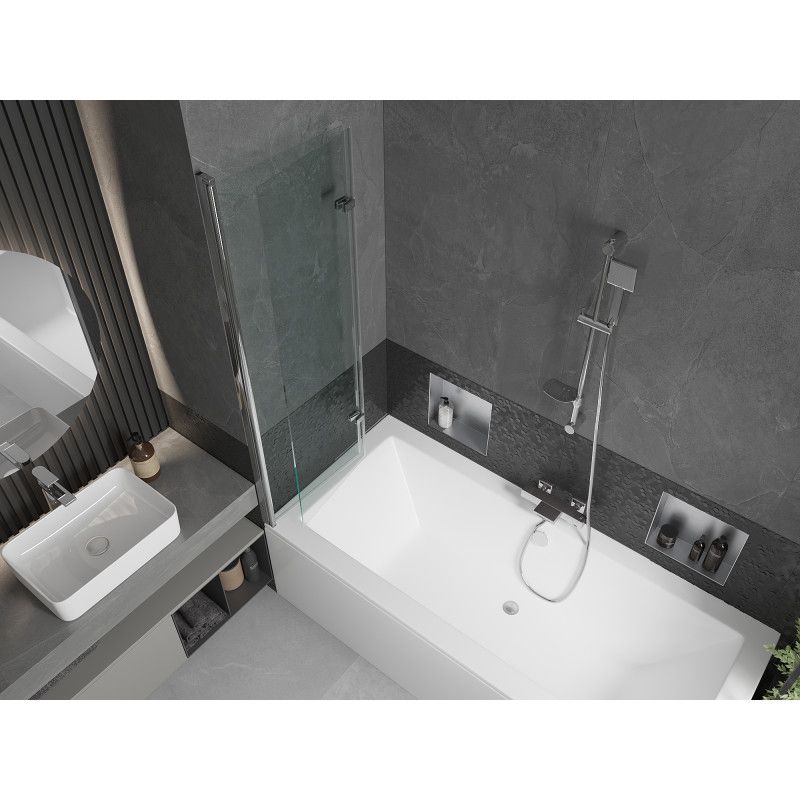Rektangulært badekar Mexen Cube 180 x 80 cm med front- og sidebeklædning samt 2-fløjet brusevæg 100 cm i transparent krom, 1 sæt