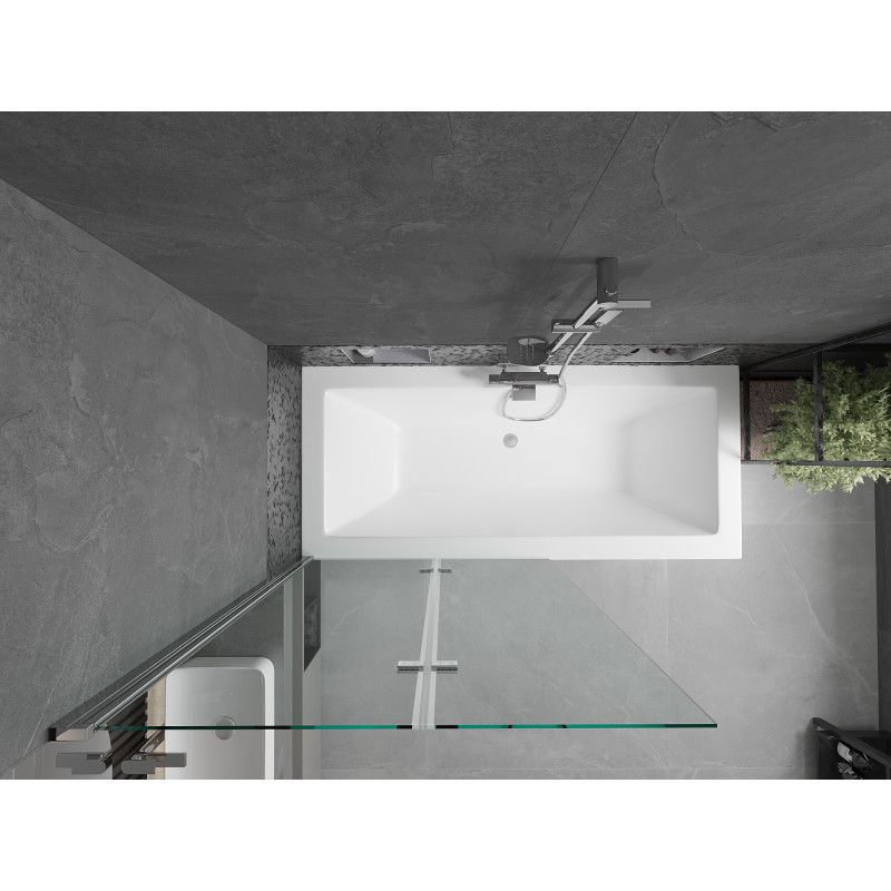 Rektangulært badekar Mexen Cube 180 x 80 cm med front- og sidebeklædning samt 2-fløjet brusevæg 100 cm i transparent krom, 1 sæt