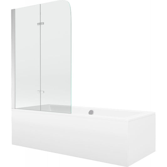 Rektangulært badekar Mexen Cube 180 x 80 cm med front- og sidebeklædning samt 2-fløjet brusevæg 100 cm i transparent krom, 1 sæt