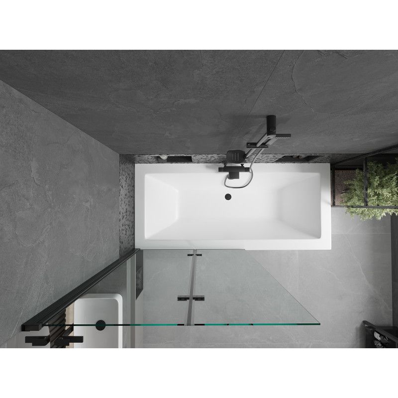 Rektangulært badekar Mexen Cube 180 x 80 cm med front- og sidepanel samt 2-fløjet brusevæg 100 cm transparent sort 1 sæt
