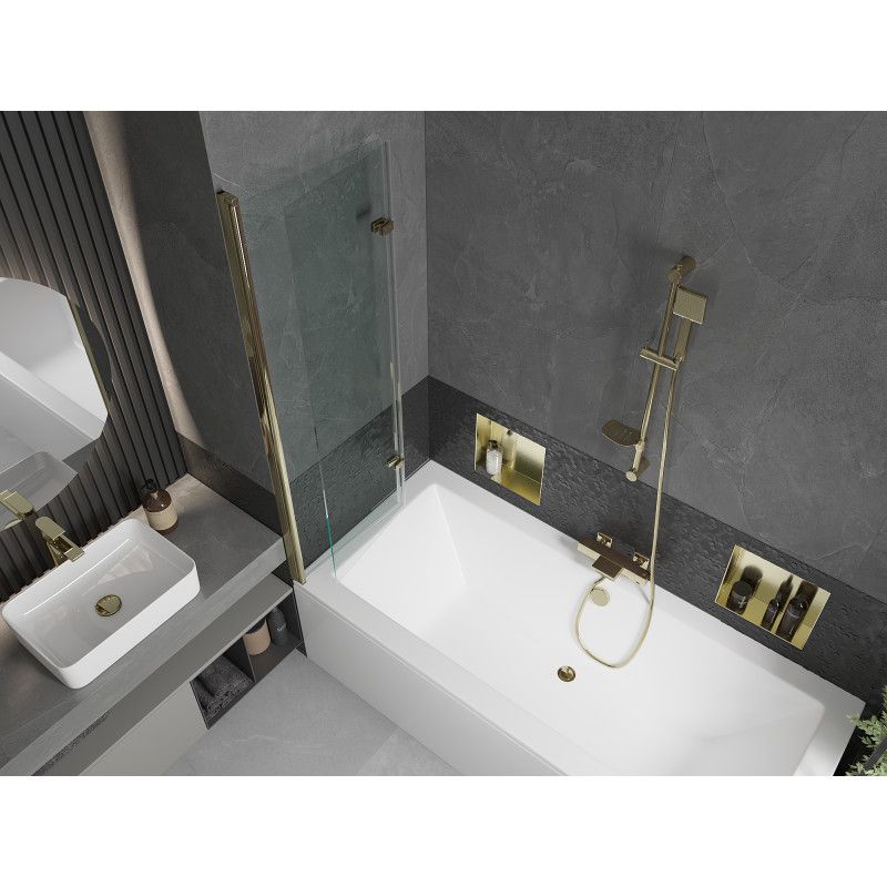 Rektangulært badekar Mexen Cube 180 x 80 cm med frontpanel og 2-fløjet brusevæg 100 cm transparent guld 1 sæt