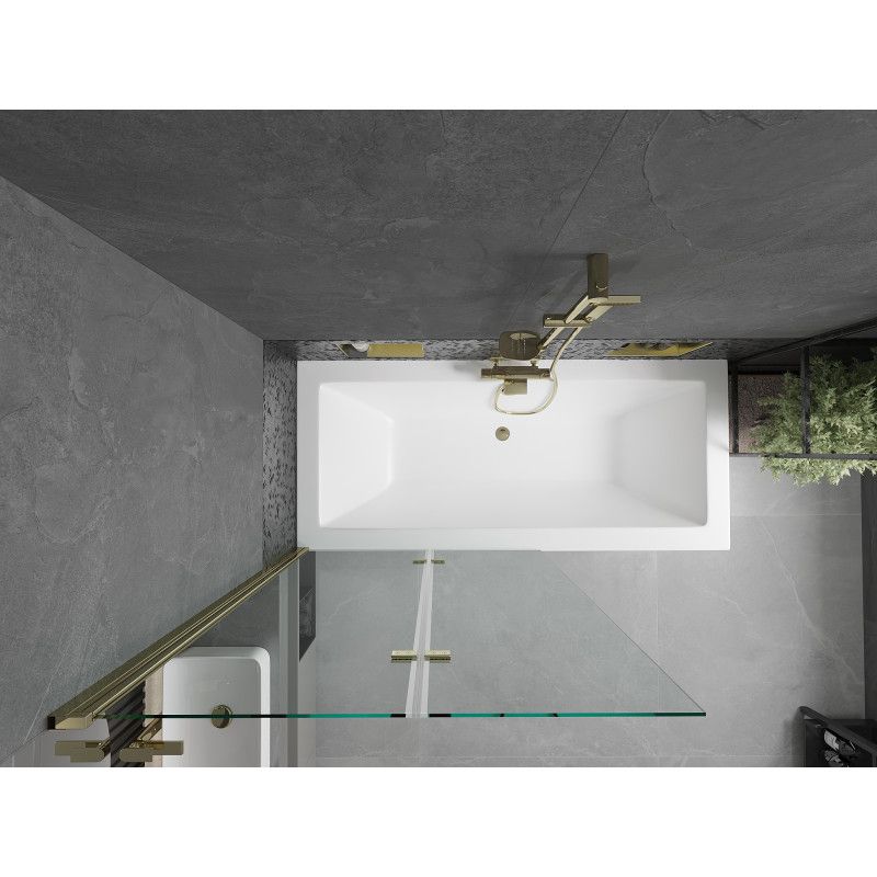 Rektangulært badekar Mexen Cube 180 x 80 cm med frontpanel og 2-fløjet brusevæg 100 cm transparent guld 1 sæt