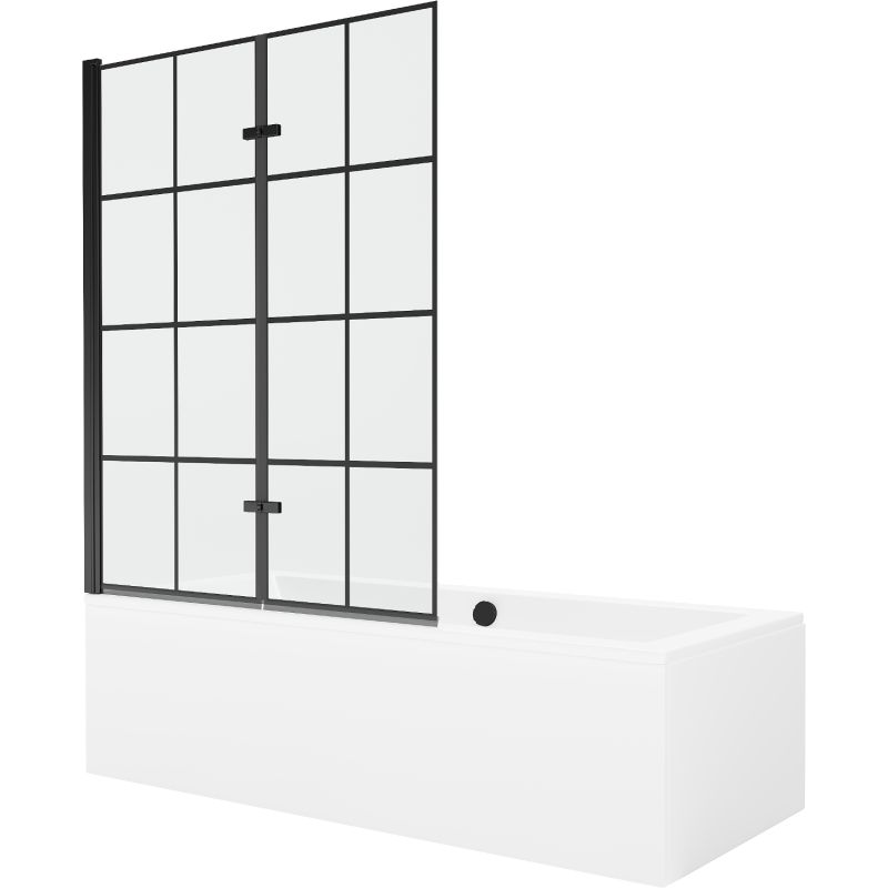 Rektangulært badekar Mexen Cube 180 x 80 cm med frontpanel og 2-fløjet brusevæg 120 cm i sort mønster, 1 sæt
