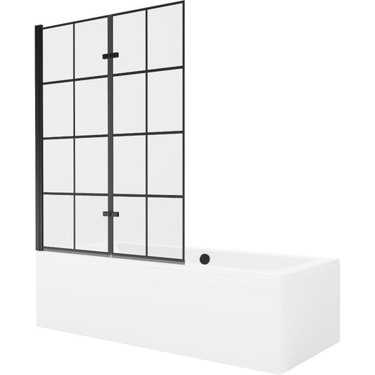 Rektangulært badekar Mexen Cube 180 x 80 cm med frontpanel og 2-fløjet brusevæg 120 cm i sort mønster, 1 sæt