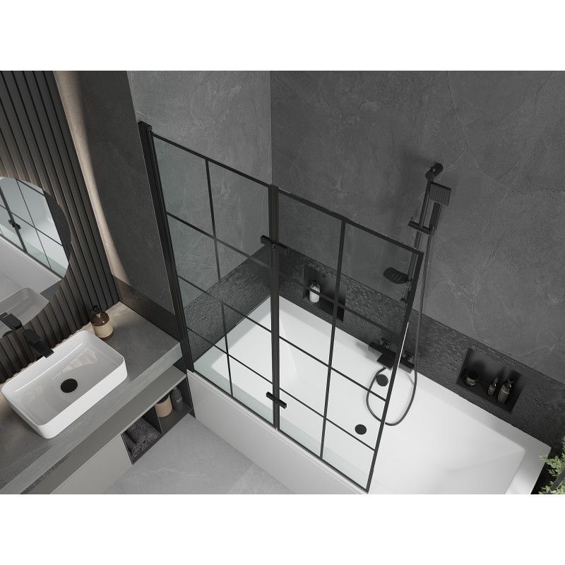 Rektangulært badekar Mexen Cube 180 x 80 cm med frontpanel og 2-fløjet brusevæg 120 cm i sort mønster, 1 sæt