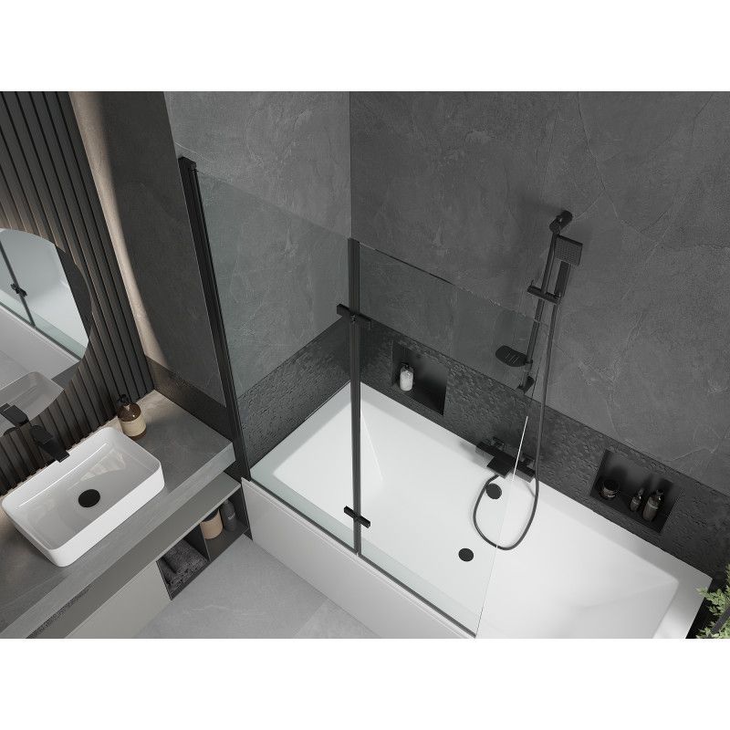 Rektangulært badekar Mexen Cube 180 x 80 cm med frontpanel og 2-fløjet brusevæg 120 cm transparent sort 1 sæt