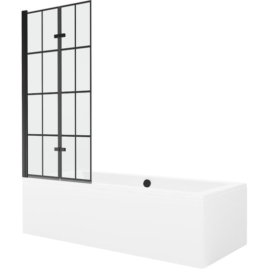 Rektangulært badekar Mexen Cube 180 x 80 cm med front- og sidepanel samt 2-fløjet brusevæg 80 cm i sort mønster, komplet sæt