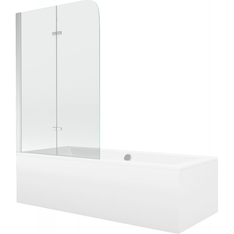 Rektangulært badekar Mexen Cube 180 x 80 cm med front- og sidepanel samt 2-fløjet brusevæg 80 cm i transparent krom, 1 sæt