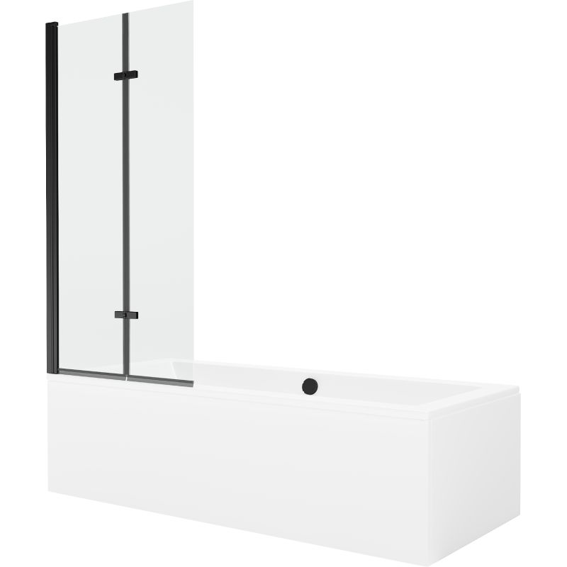Rektangulært badekar Mexen Cube 180 x 80 cm med front- og sidepanel samt 2-fløjet brusevæg 80 cm i transparent sort, 1 sæt
