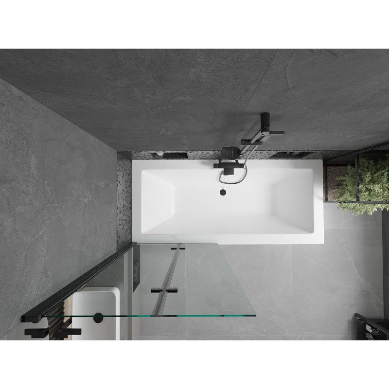 Rektangulært badekar Mexen Cube 180 x 80 cm med front- og sidepanel samt 2-fløjet brusevæg 80 cm i transparent sort, 1 sæt