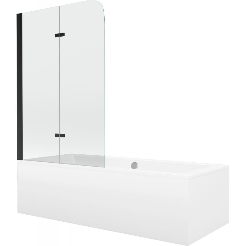 Rektangulært badekar Mexen Cube 180 x 80 cm med front- og sidepanel samt 2-fløjet brusevæg 80 cm i transparent sort
