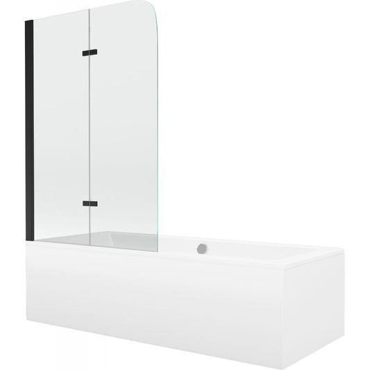 Rektangulært badekar Mexen Cube 180 x 80 cm med front- og sidepanel samt 2-fløjet brusevæg 80 cm i transparent sort