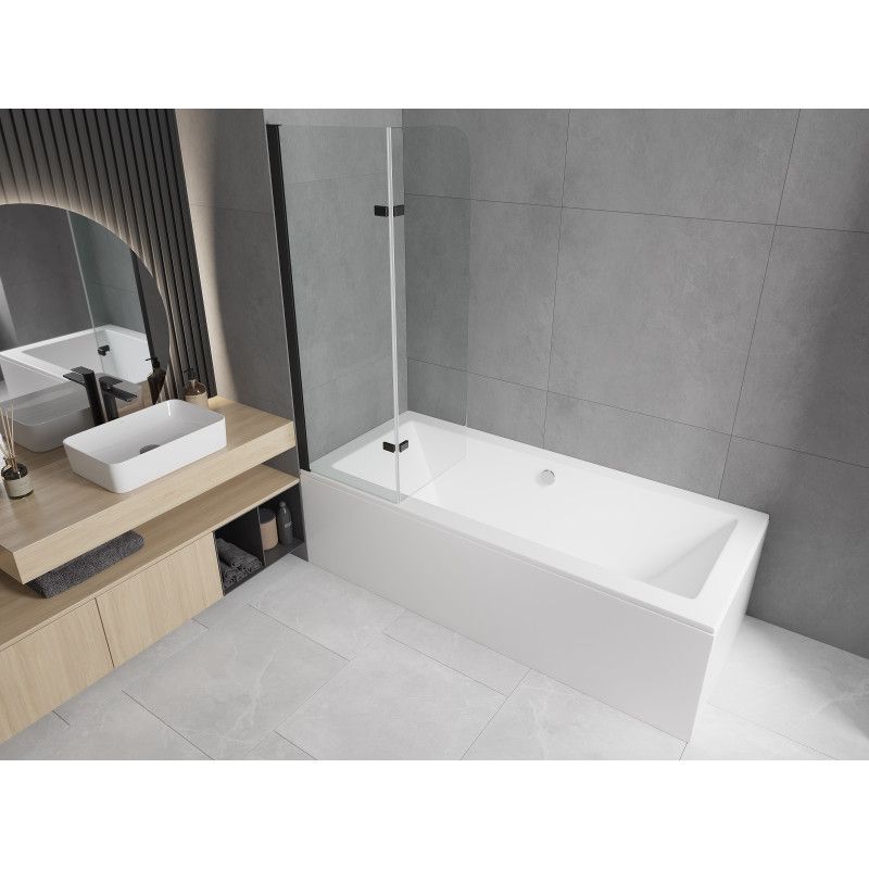 Rektangulært badekar Mexen Cube 180 x 80 cm med front- og sidepanel samt 2-fløjet brusevæg 80 cm i transparent sort