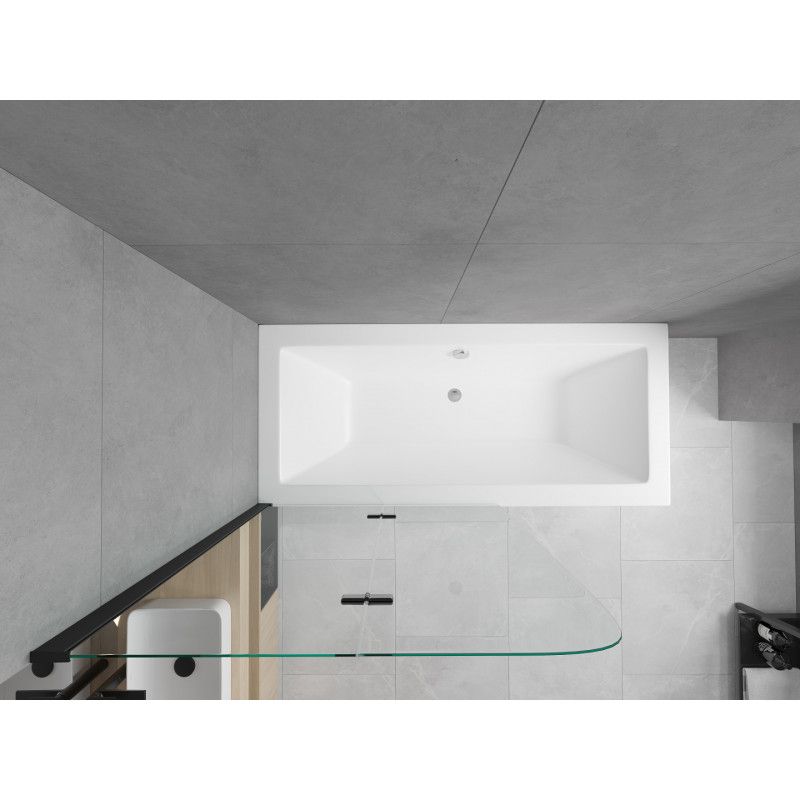 Rektangulært badekar Mexen Cube 180 x 80 cm med front- og sidepanel samt 2-fløjet brusevæg 80 cm i transparent sort