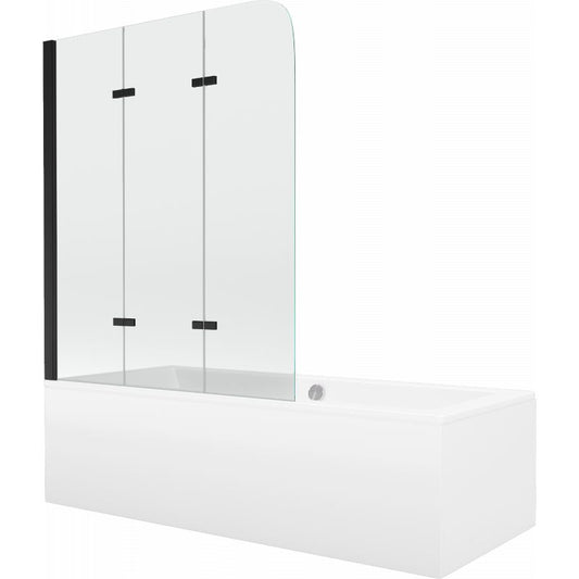 Rektangulært badekar Mexen Cube 180 x 80 cm med front- og sidepanel samt 3-fløjet brusevæg 120 cm i transparent sort, 1 sæt