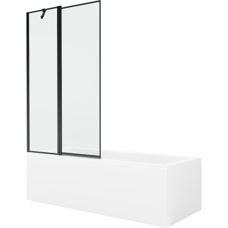 Rektangulært badekar Mexen Cubik 150 x 70 cm med front- og sidebeklædning samt 1-fløjet brusevæg 100 cm med mat-sort mønster, komplet sæt