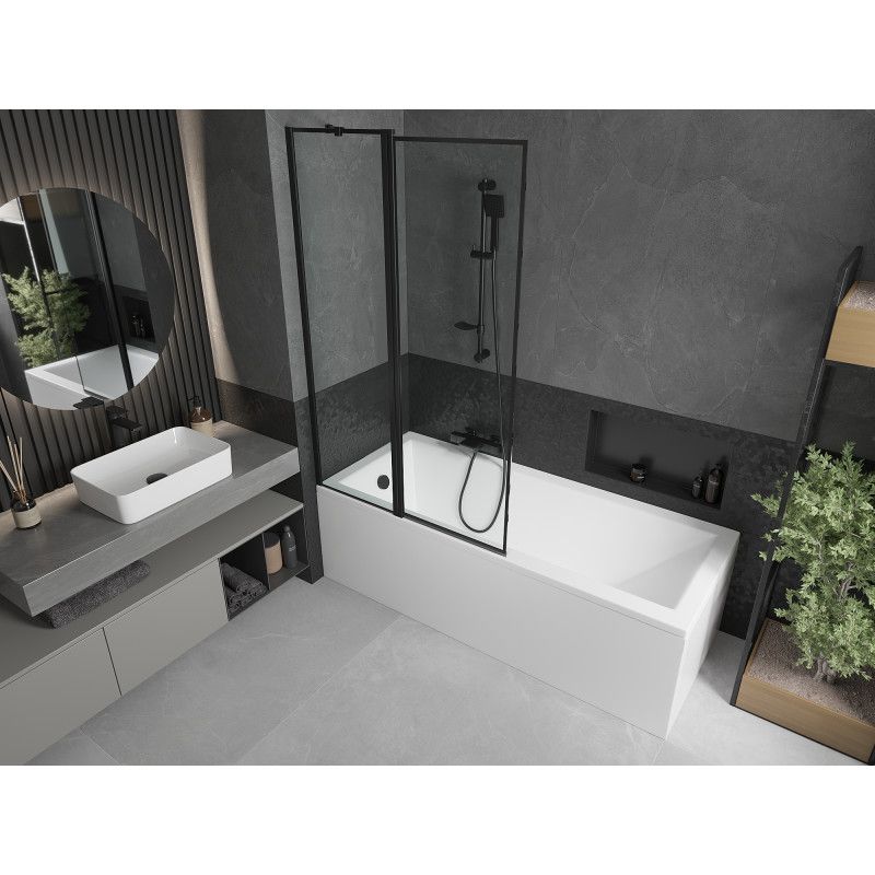 Rektangulært badekar Mexen Cubik 150 x 70 cm med front- og sidebeklædning samt 1-fløjet brusevæg 100 cm med mat-sort mønster, komplet sæt