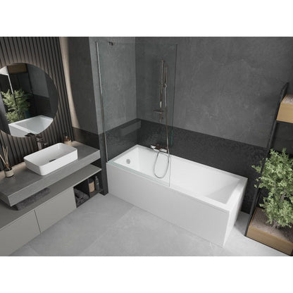 Rektangulært badekar Mexen Cubik 150 x 70 cm med front- og sidepanel samt 1-fløjet brusevæg 100 cm i transparent krom